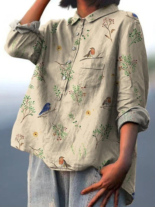 Lorelai | Boughs And Robin Birds Pattern Printed Women's Casual  Shirt