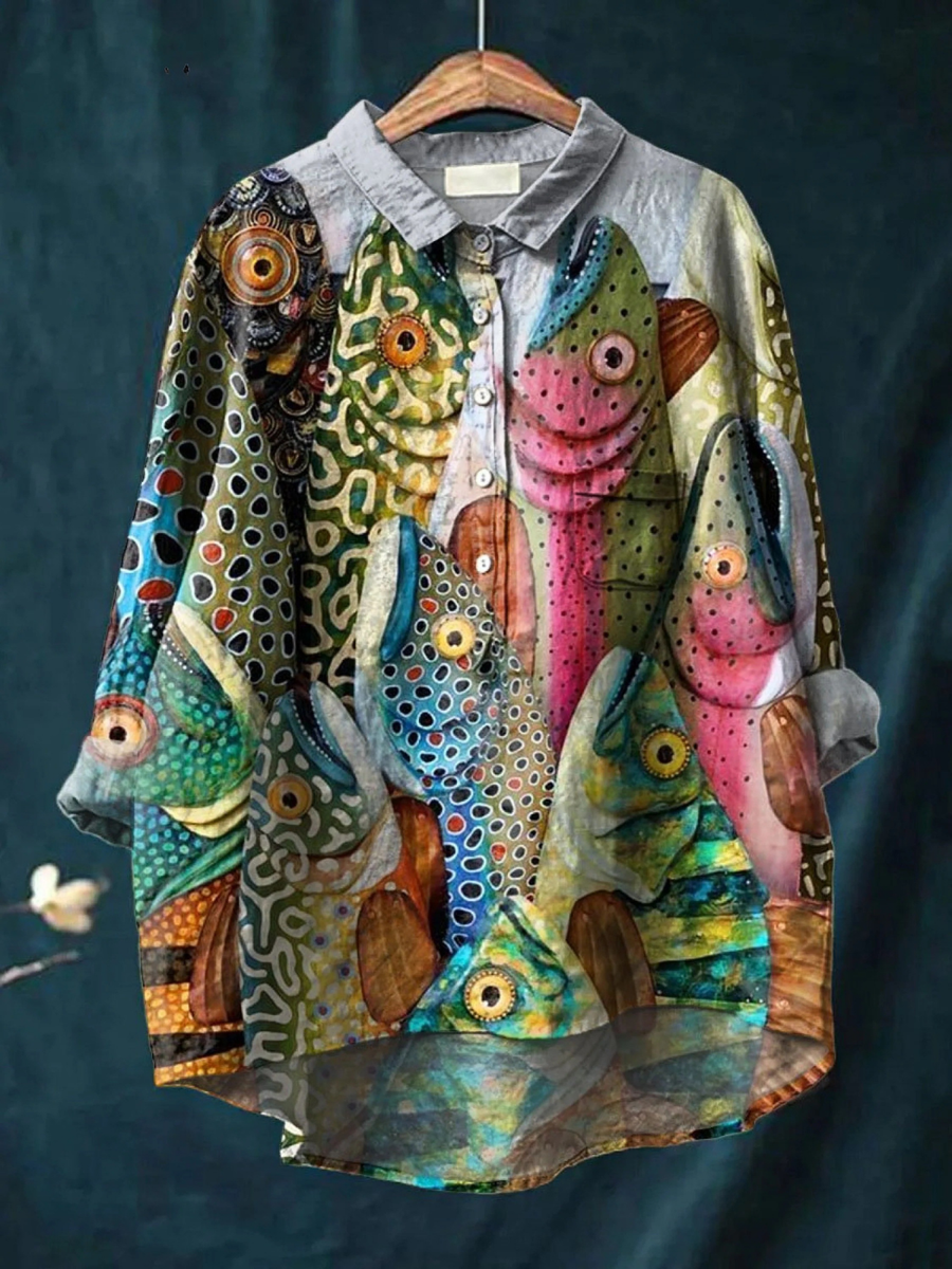 Anneliese | Vintage Funny Fish Art Print Casual  Shirt