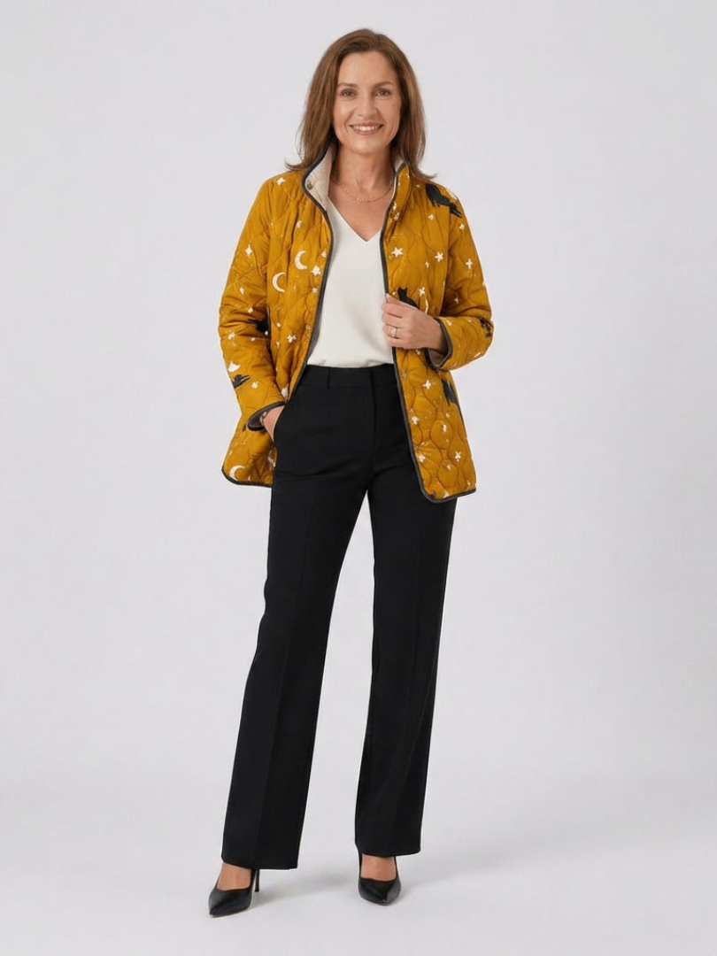 Eira | Casual Black Cat Halloween Print Quilted Jacket