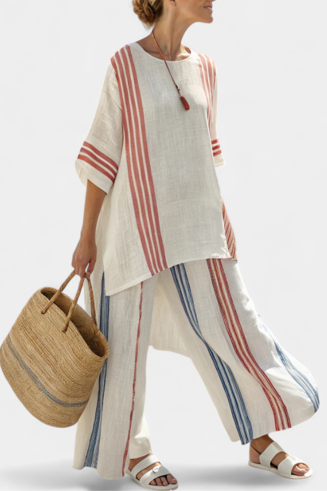 Ludovica – sophisticated multi-colored striped top and Mediterranean trousers