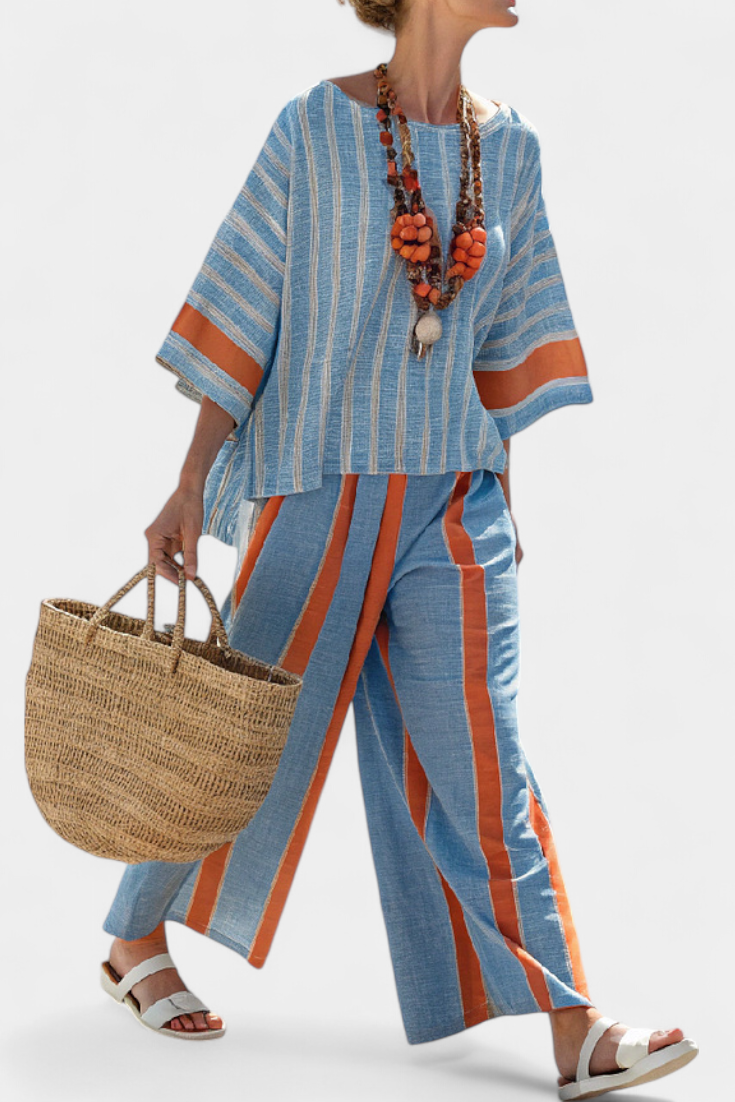 Valeria – sophisticated terracotta striped top and linen trousers