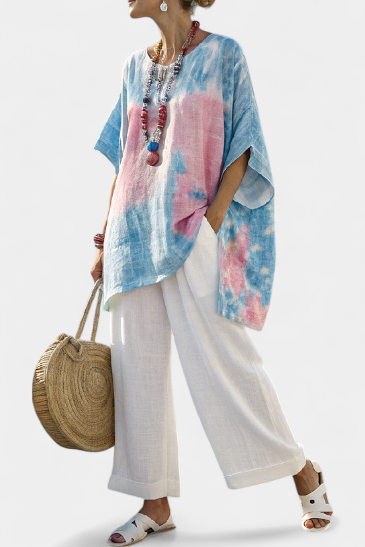 Valentina – Comfortable basic linen top and striped bamboo trousers