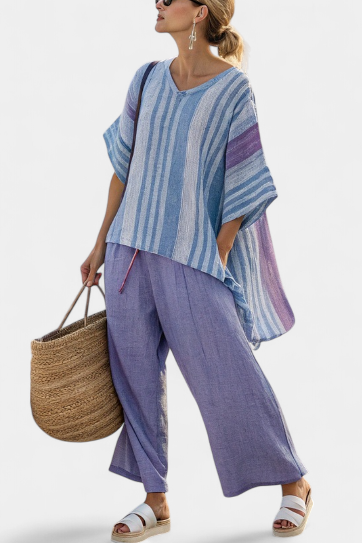 Carlotta – elegant lavender and sky blue top and linen trousers