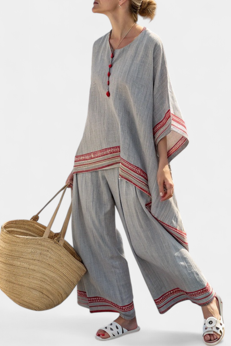Rossella – sophisticated asymmetric blouse and wide-leg ethnic trousers