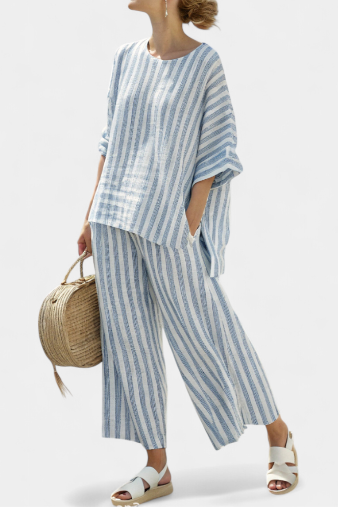 Federica – sophisticated blue striped linen top and relaxed trousers