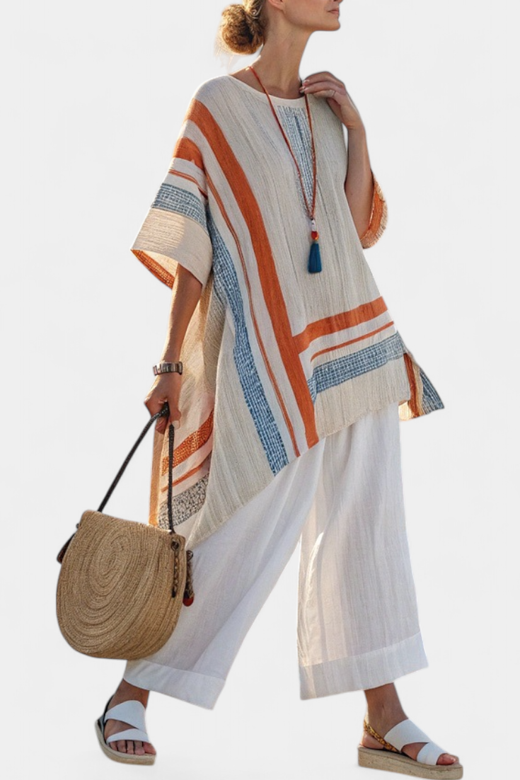 Loredana – sophisticated asymmetric blouse and wide-leg linen trousers