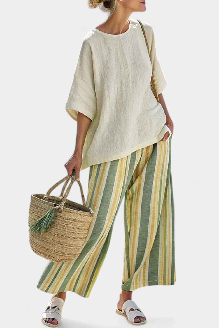 Caterina – sophisticated top and striped linen trousers