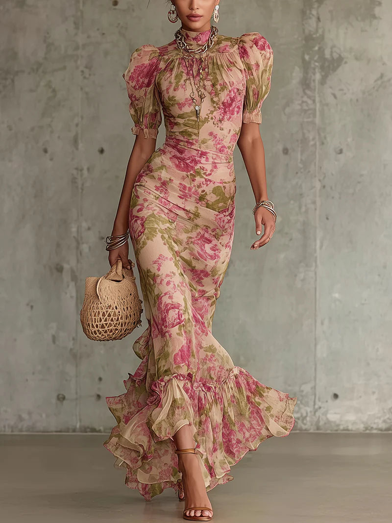 Joy | Vintage Rose Print Puff Sleeve Maxi Dress