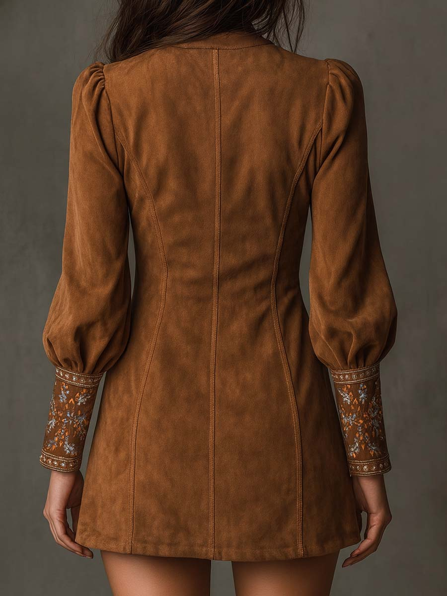 Clara | Vintage Brown V-Neck Suede Midi Dress