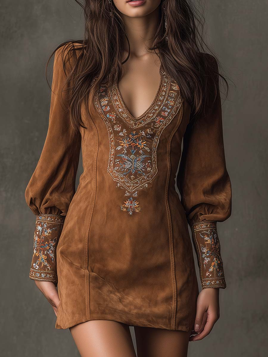 Clara | Vintage Brown V-Neck Suede Midi Dress