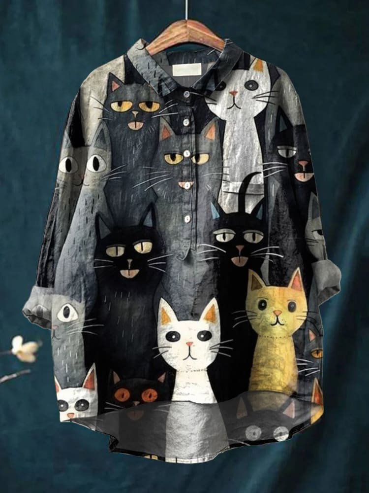 Nora | Women’s Whimsical Cat Print Relaxed Shirt