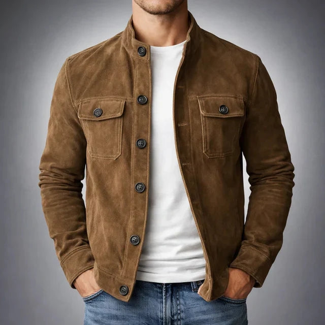 Jack - Classic Suede Buttoned Jacket Casual Formal Wear Leather Pockets