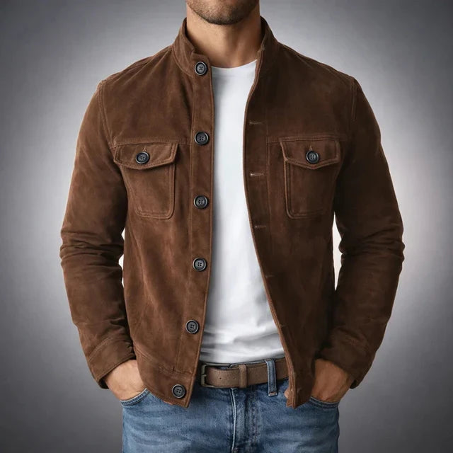 Jack - Classic Suede Buttoned Jacket Casual Formal Wear Leather Pockets