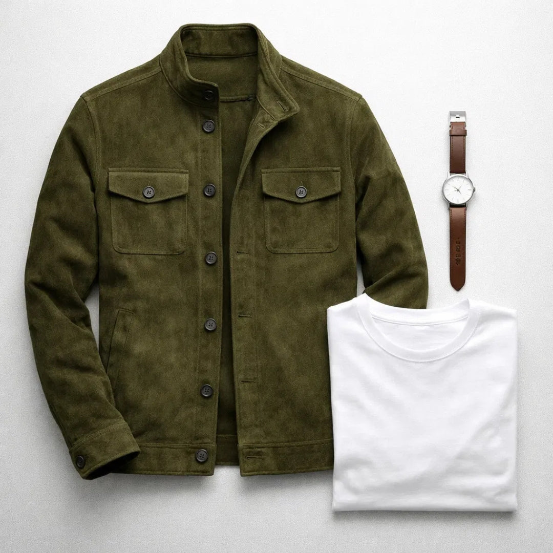 Jack - Classic Suede Buttoned Jacket Casual Formal Wear Leather Pockets