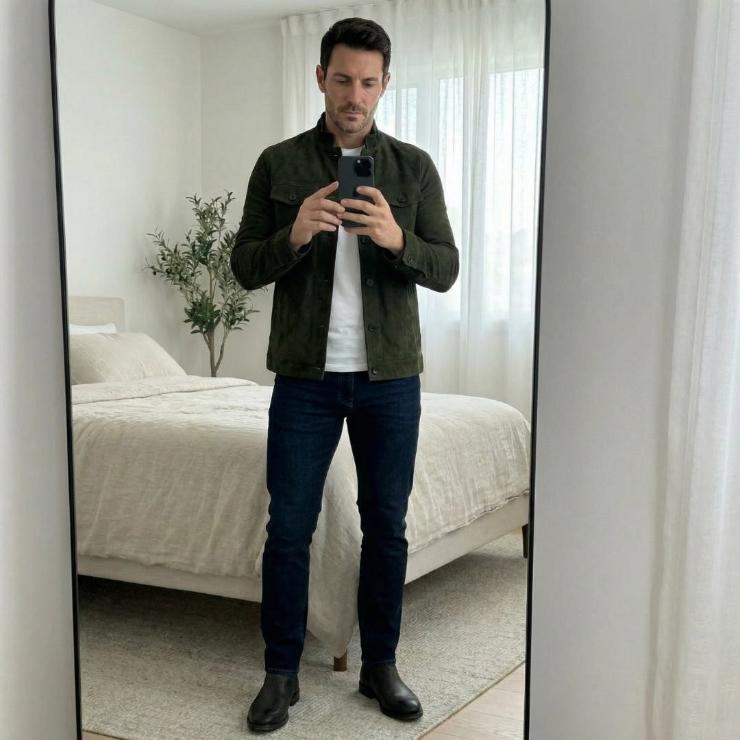 Jack - Classic Suede Buttoned Jacket Casual Formal Wear Leather Pockets
