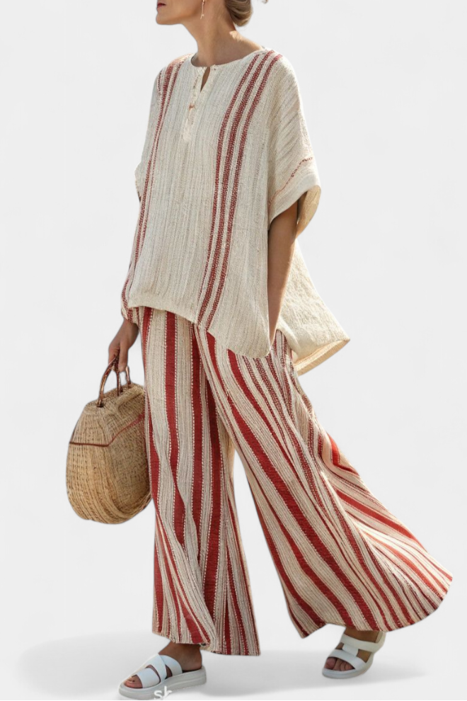 Mirella – red striped structured top and linen trousers