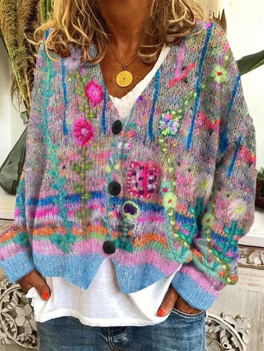 Marisol | Women's Boho Floral V-Neck Button-Front Cardigan