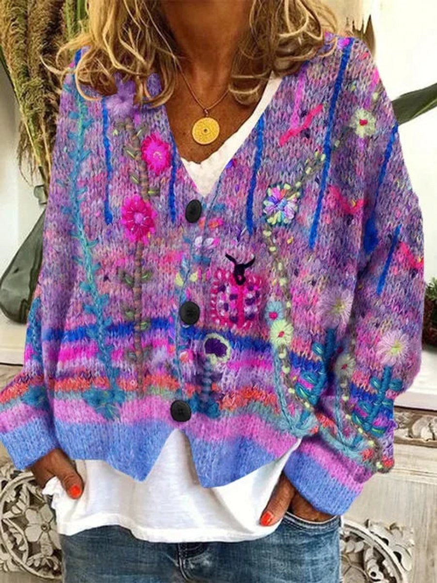 Marisol | Women's Boho Floral V-Neck Button-Front Cardigan