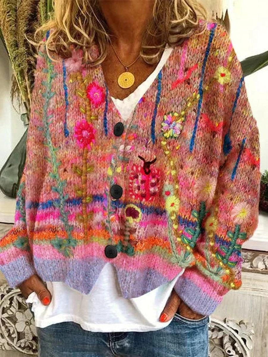 Marisol | Women's Boho Floral V-Neck Button-Front Cardigan