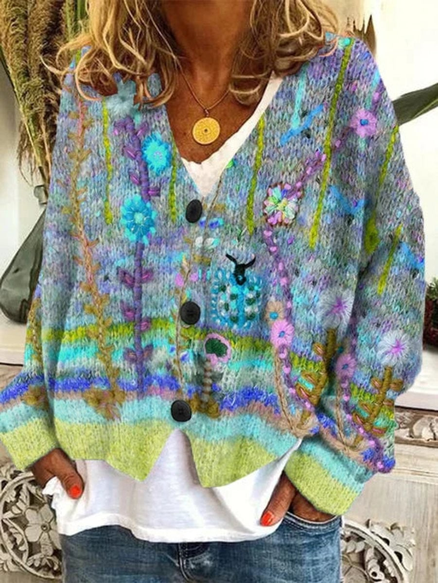 Marisol | Women's Boho Floral V-Neck Button-Front Cardigan