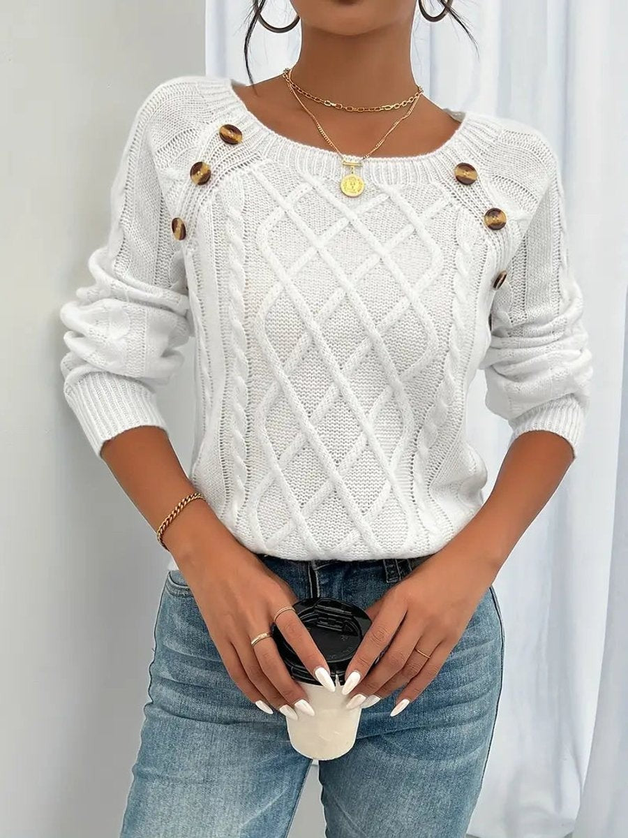 Rosalind | Women's Cable-Knit Button-Trim Wide-Neck Sweater