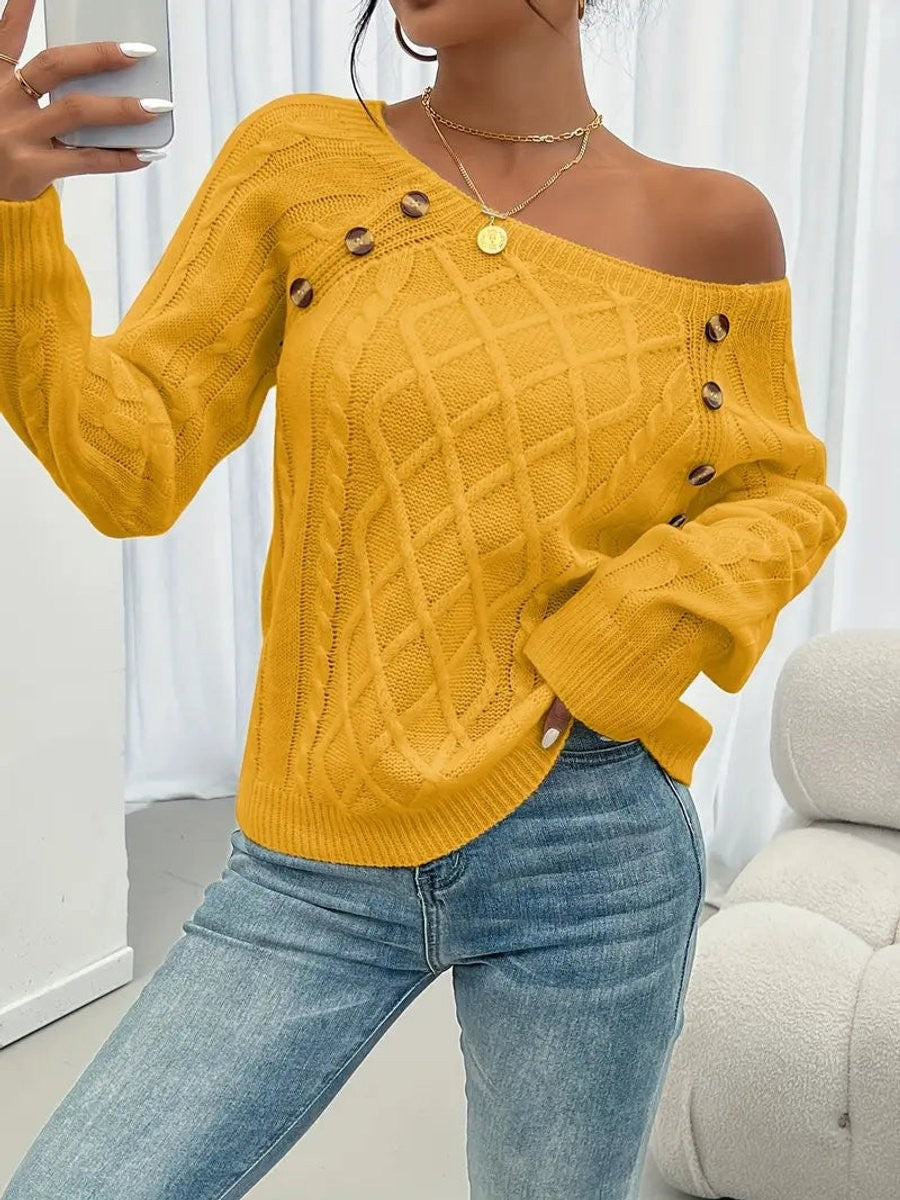 Rosalind | Women's Cable-Knit Button-Trim Wide-Neck Sweater