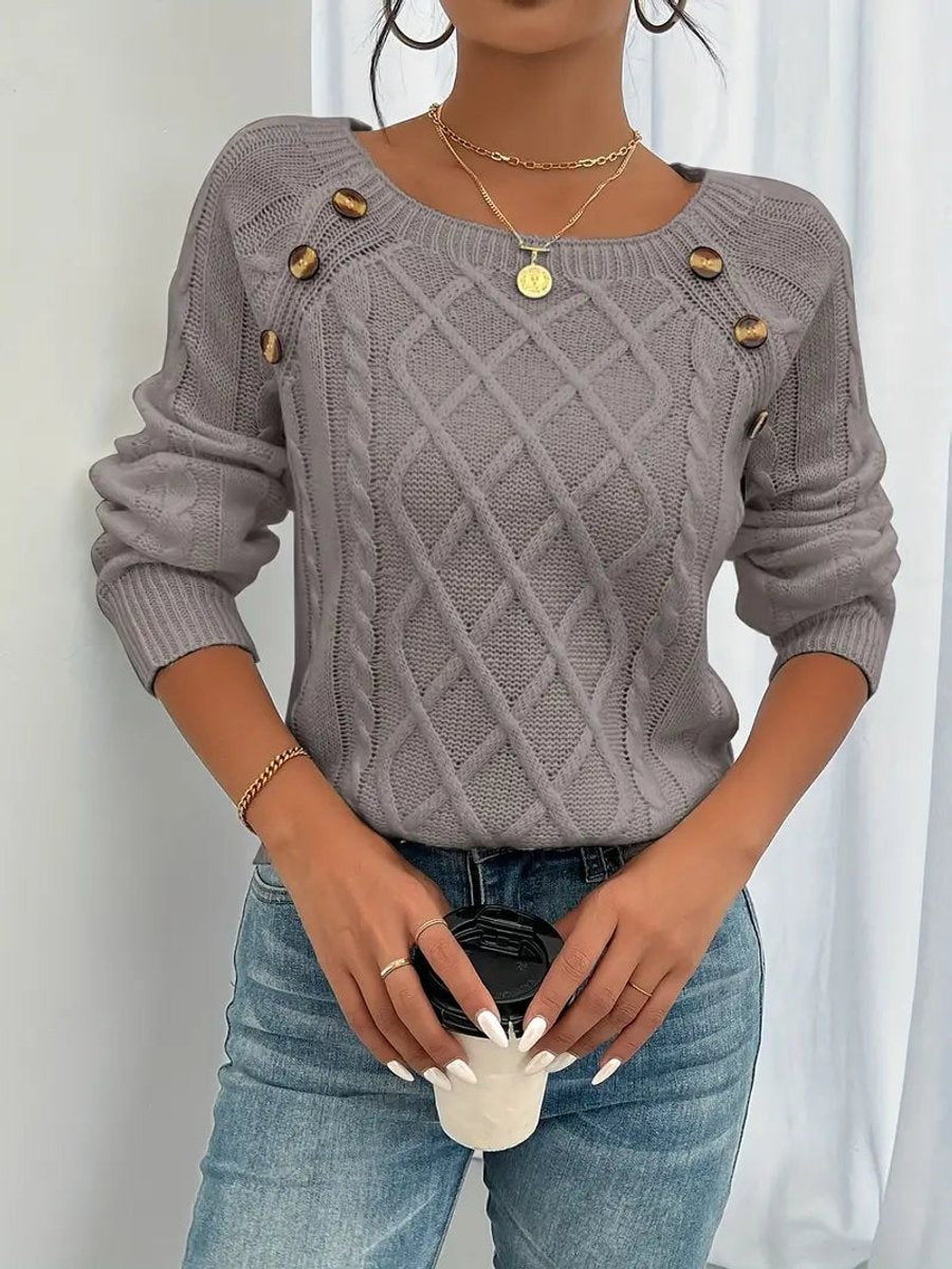 Rosalind | Women's Cable-Knit Button-Trim Wide-Neck Sweater
