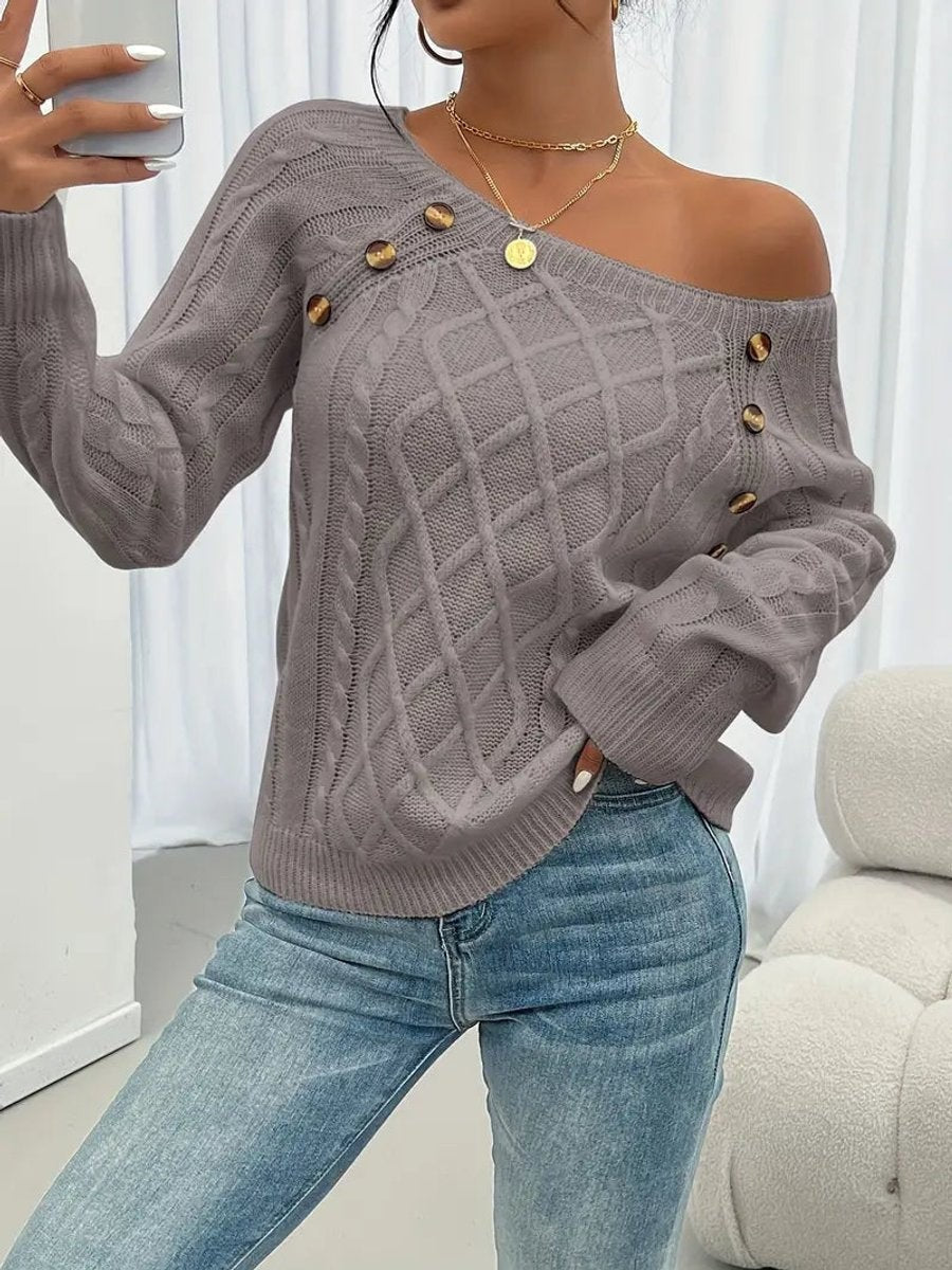 Rosalind | Women's Cable-Knit Button-Trim Wide-Neck Sweater