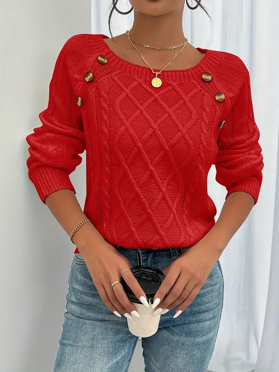 Rosalind | Women's Cable-Knit Button-Trim Wide-Neck Sweater