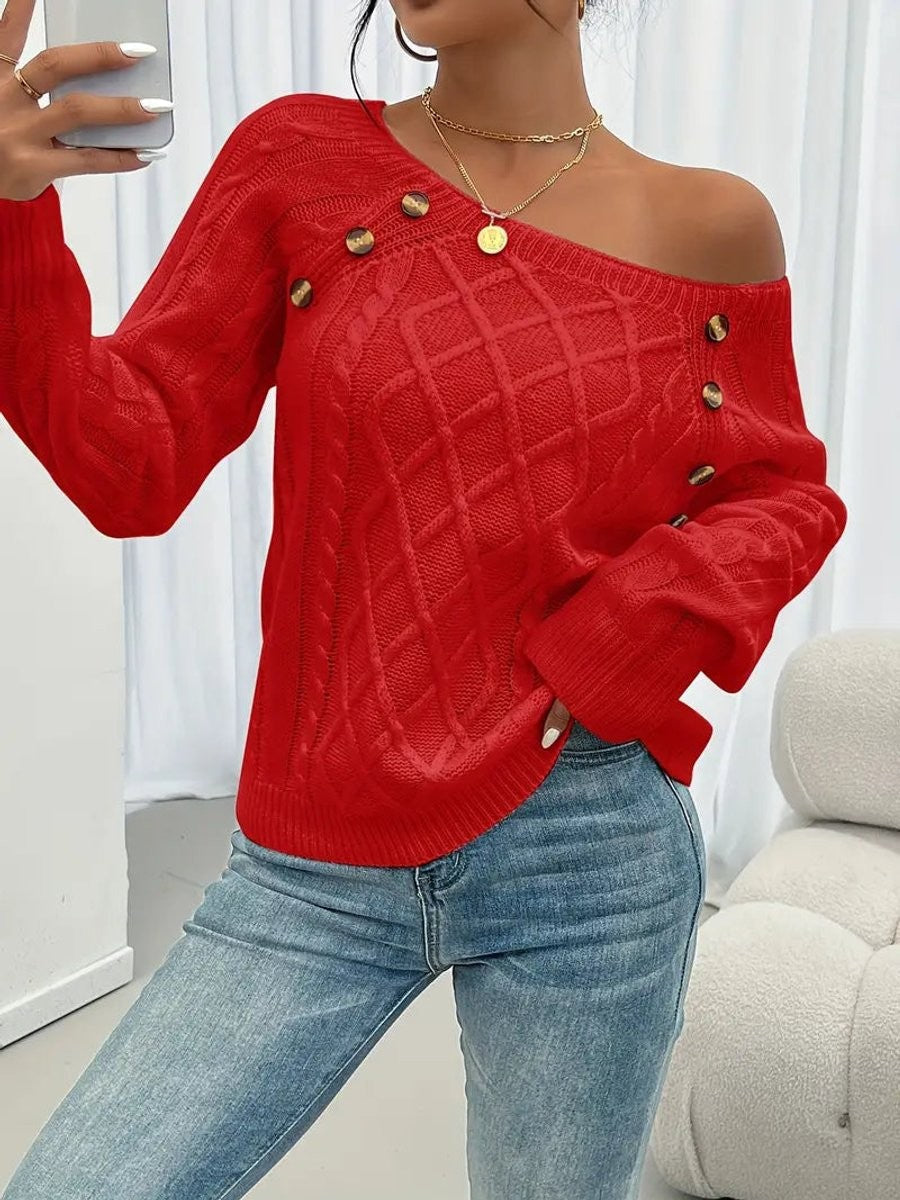 Rosalind | Women's Cable-Knit Button-Trim Wide-Neck Sweater