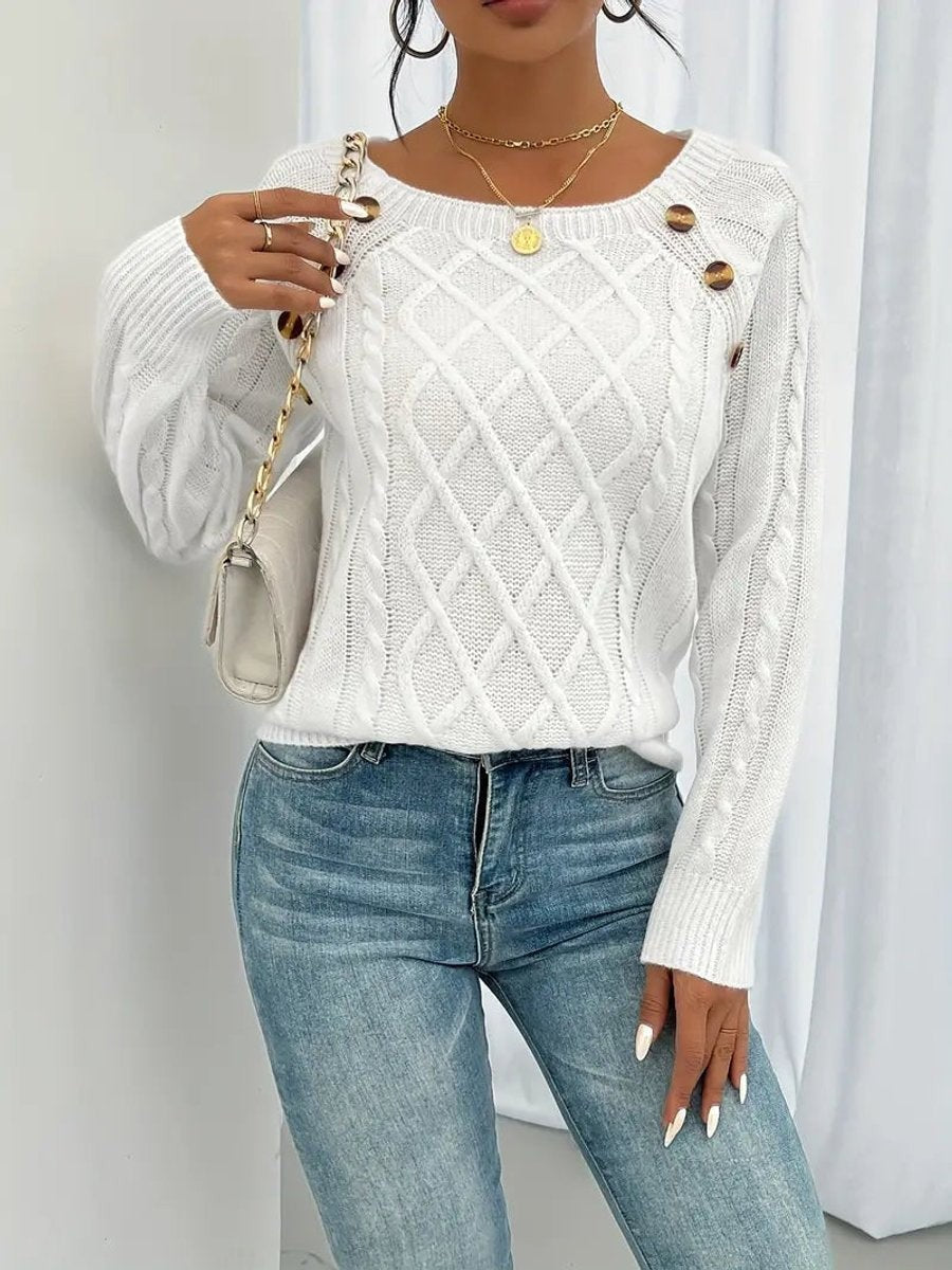 Rosalind | Women's Cable-Knit Button-Trim Wide-Neck Sweater