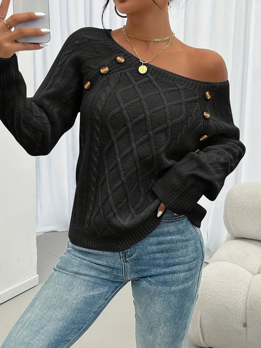 Rosalind | Women's Cable-Knit Button-Trim Wide-Neck Sweater
