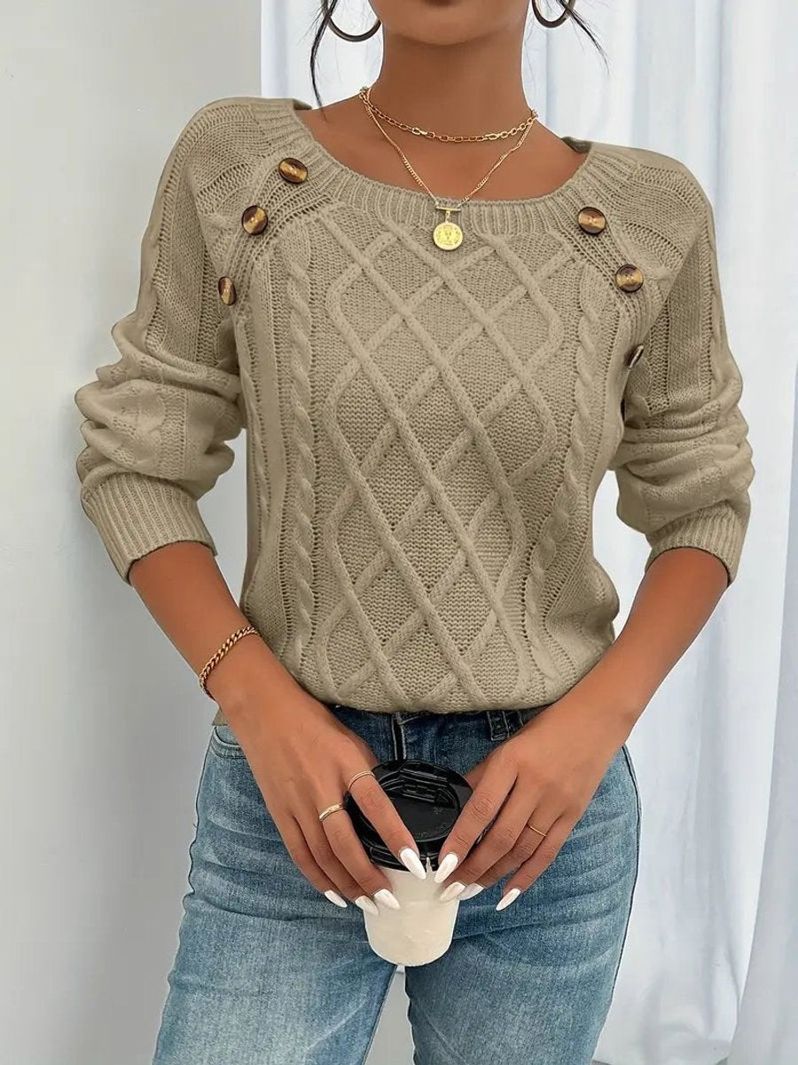 Rosalind | Women's Cable-Knit Button-Trim Wide-Neck Sweater