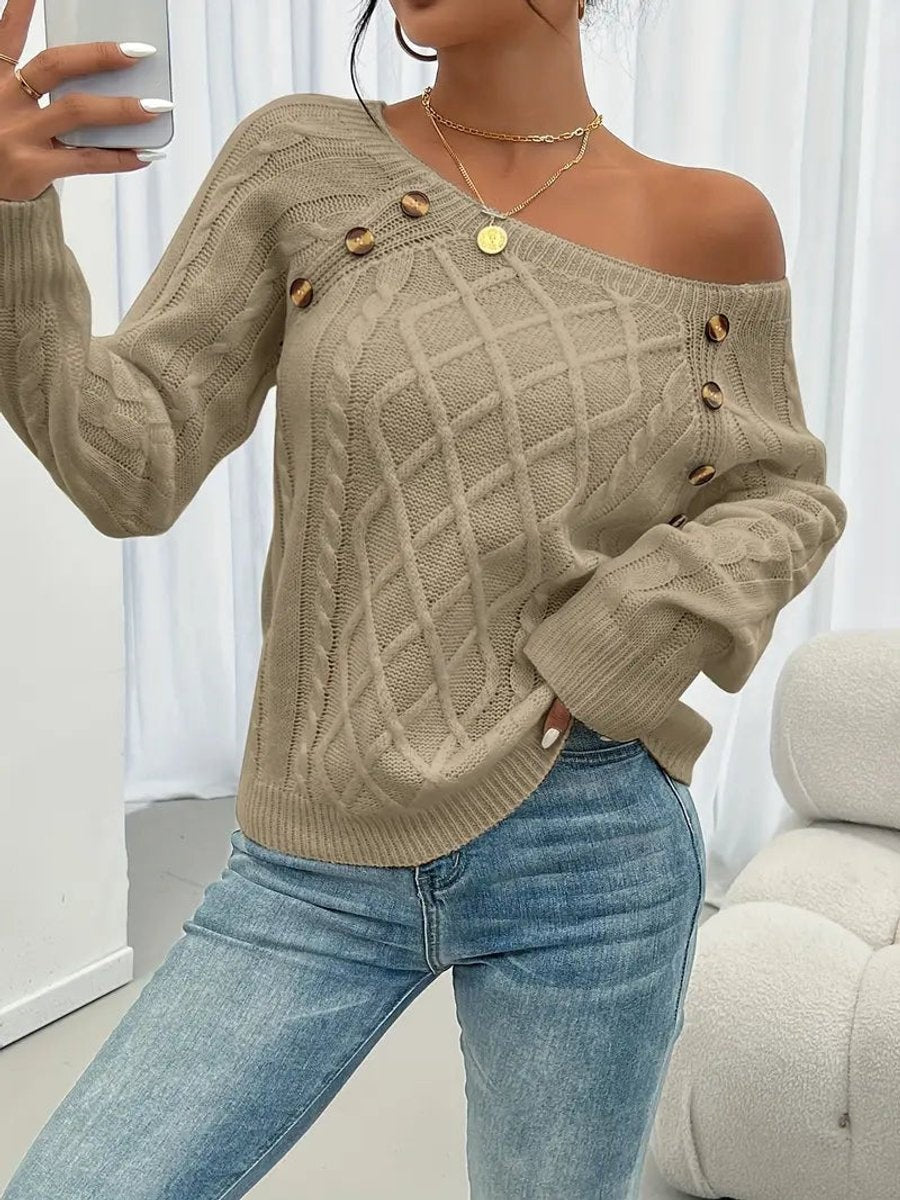 Rosalind | Women's Cable-Knit Button-Trim Wide-Neck Sweater