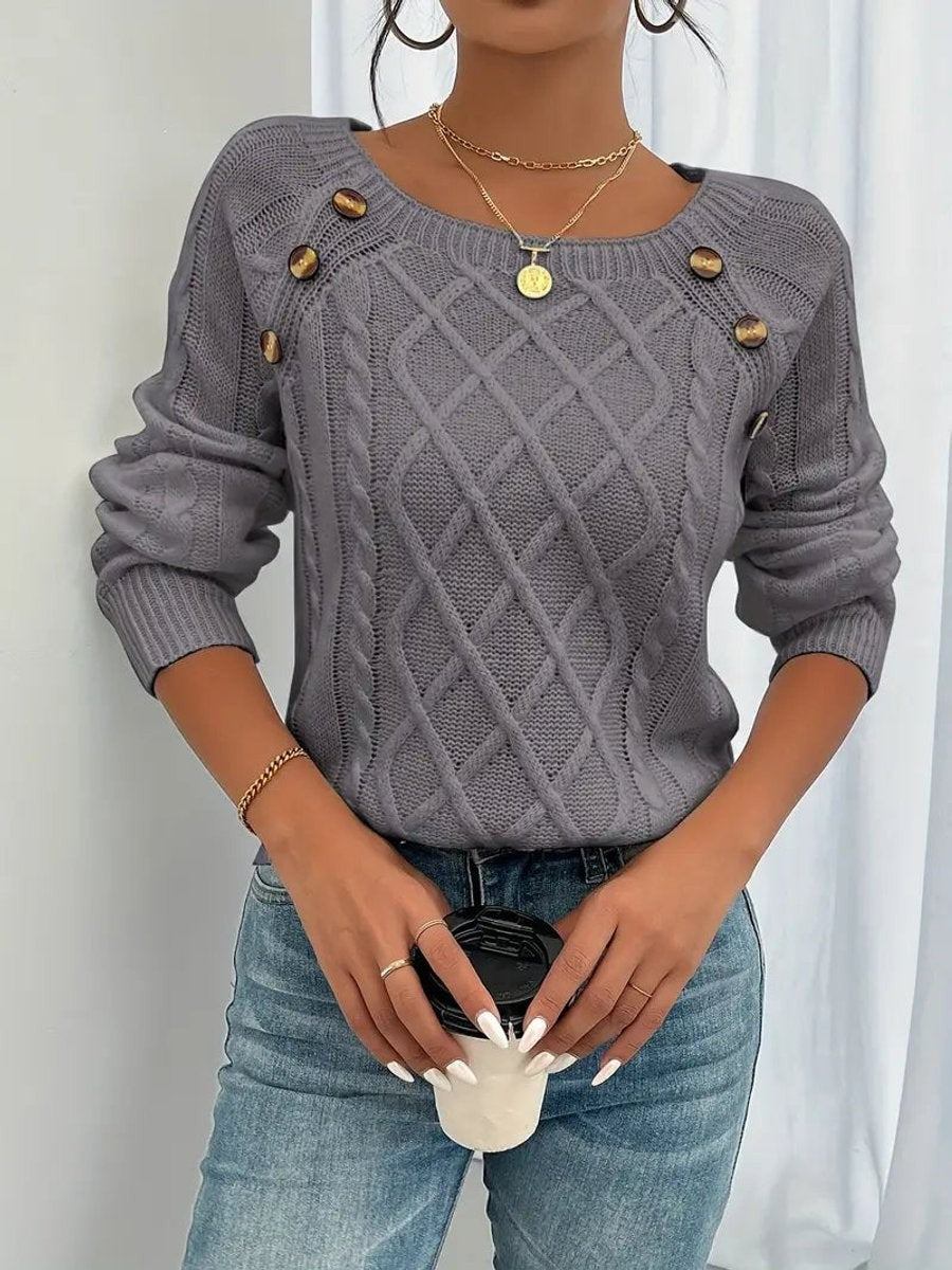 Rosalind | Women's Cable-Knit Button-Trim Wide-Neck Sweater