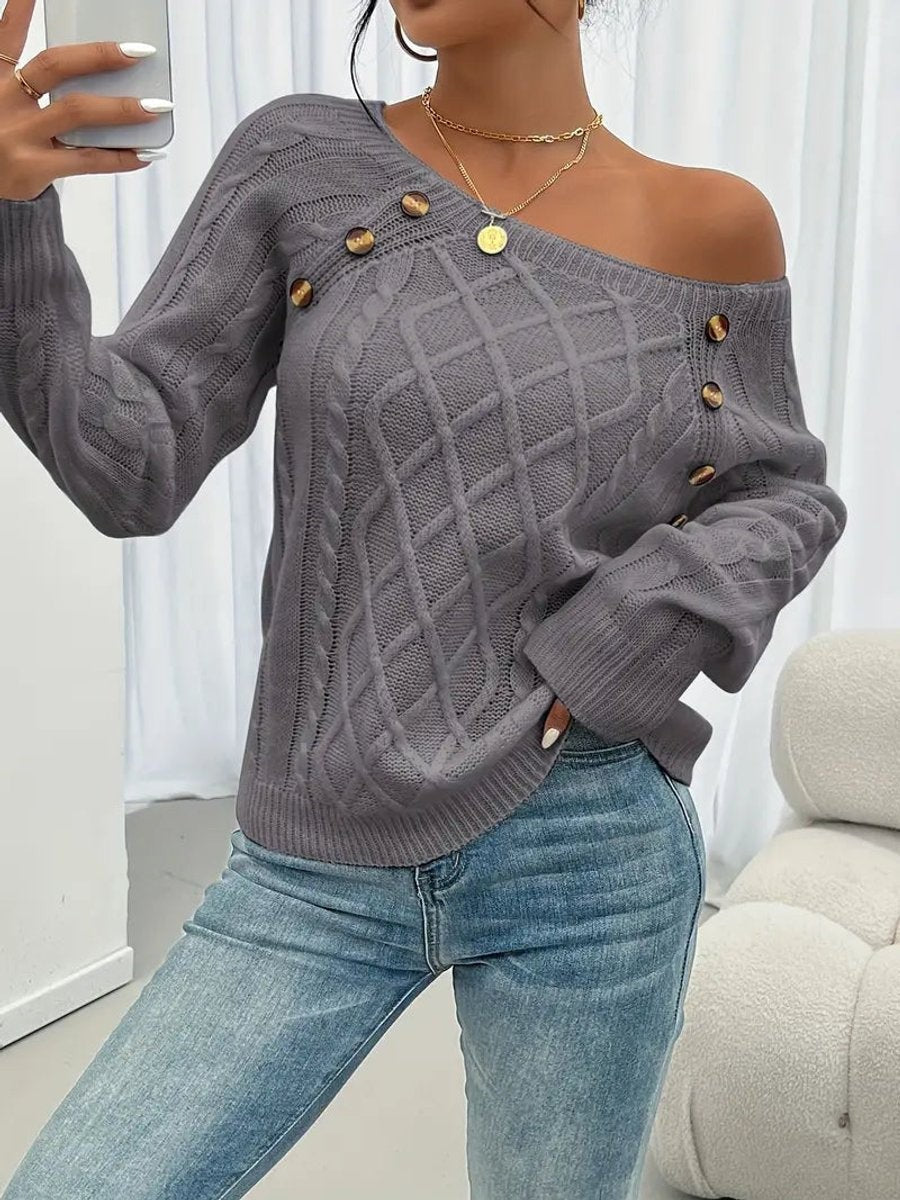 Rosalind | Women's Cable-Knit Button-Trim Wide-Neck Sweater