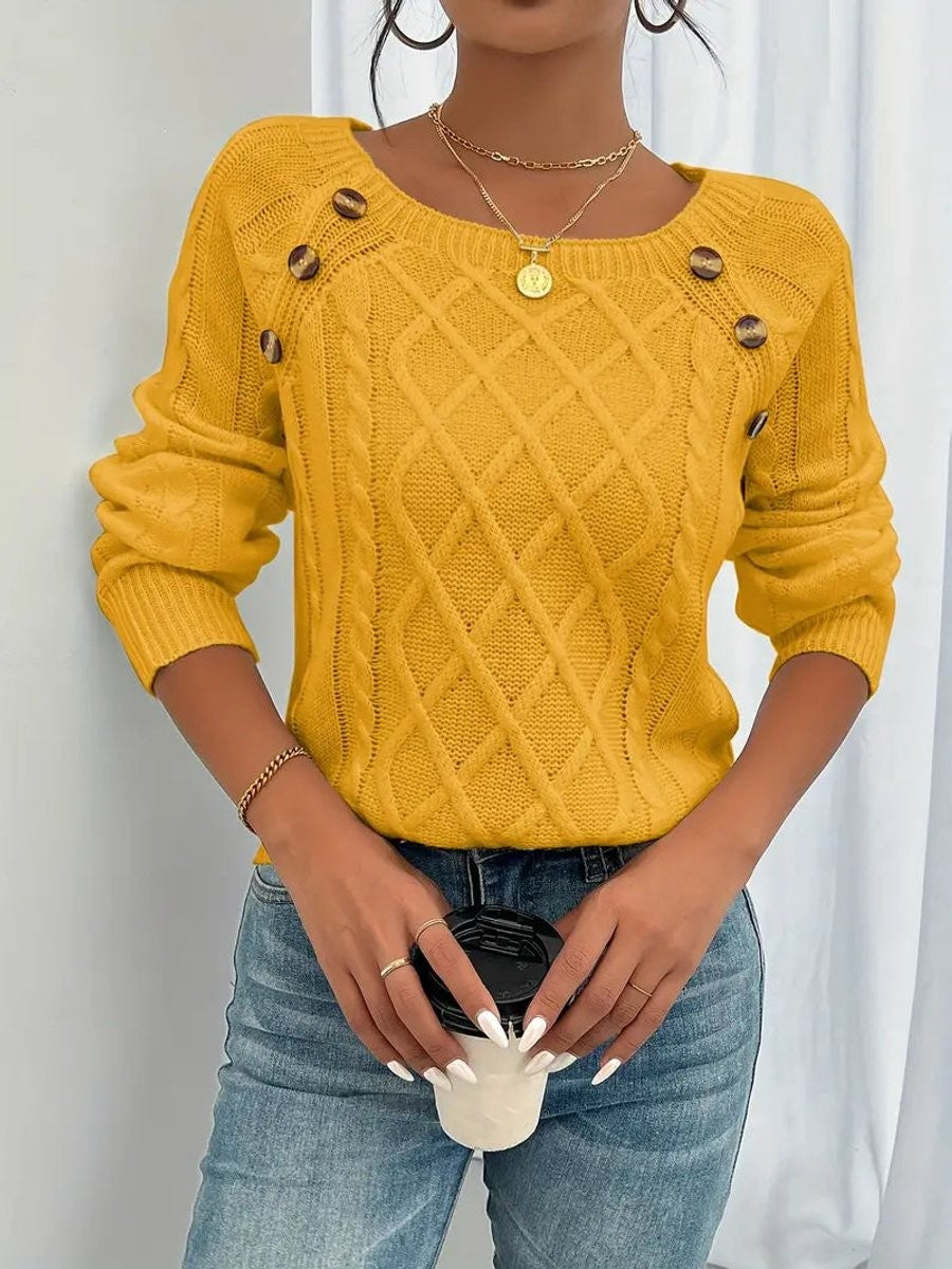 Rosalind | Women's Cable-Knit Button-Trim Wide-Neck Sweater