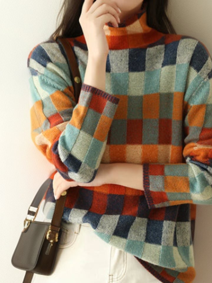 Amelia | Women's Checked Multicolor Turtleneck Sweater Jumper