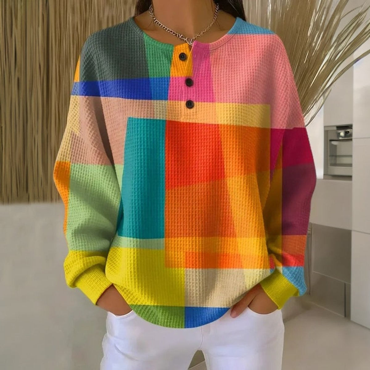 Marigold | Women's Colorblock Henley Waffle-Knit Long-Sleeve Sweater