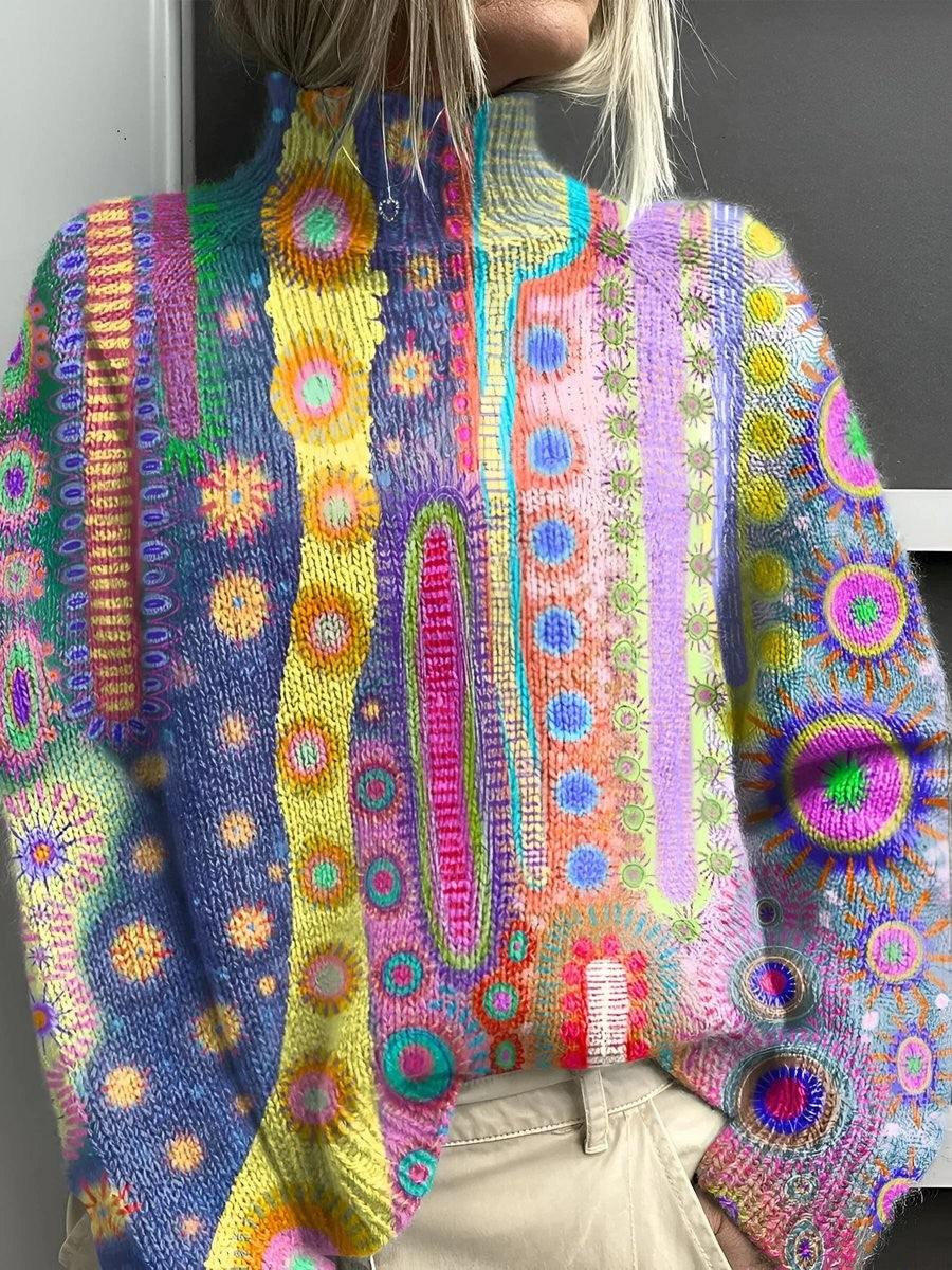 Willa | Women's Colorful Abstract-Print Relaxed-Fit Turtleneck Sweater