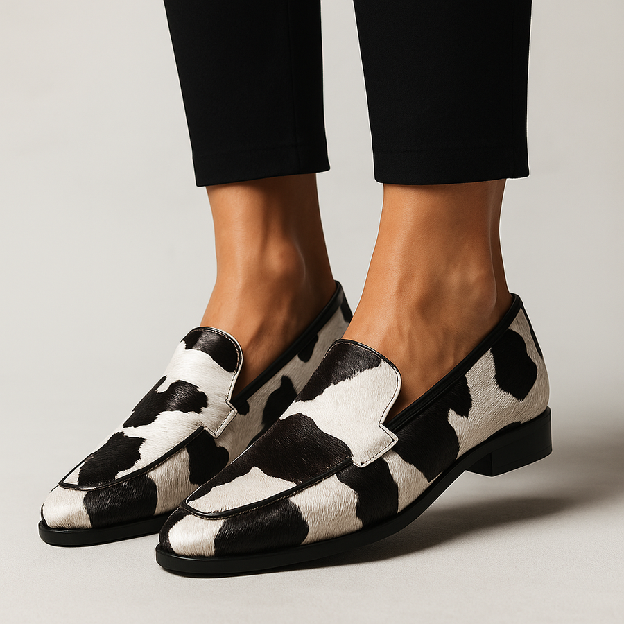 Sienna | Women's Cow-Print Almond-Toe Block-Heel Slip-On Loafers