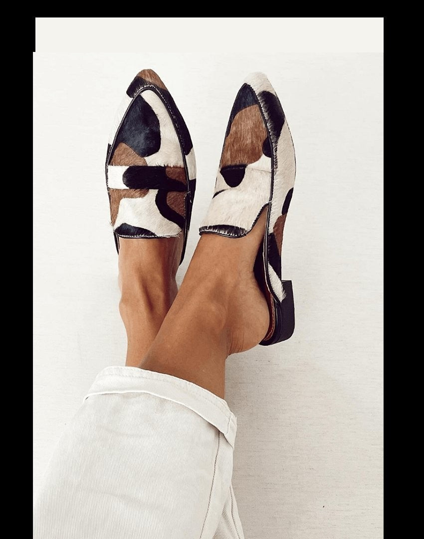 Marlowe | Women's Cow-Print Pointed-Toe Slip-On Mule Loafers