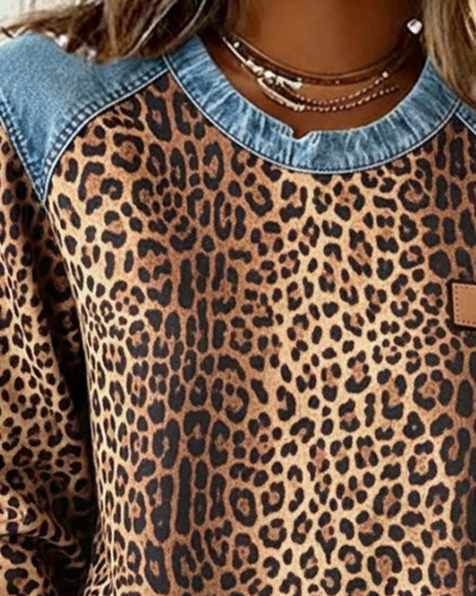 Everleigh | Women's Denim Patchwork Leopard Print Pullover Sweater