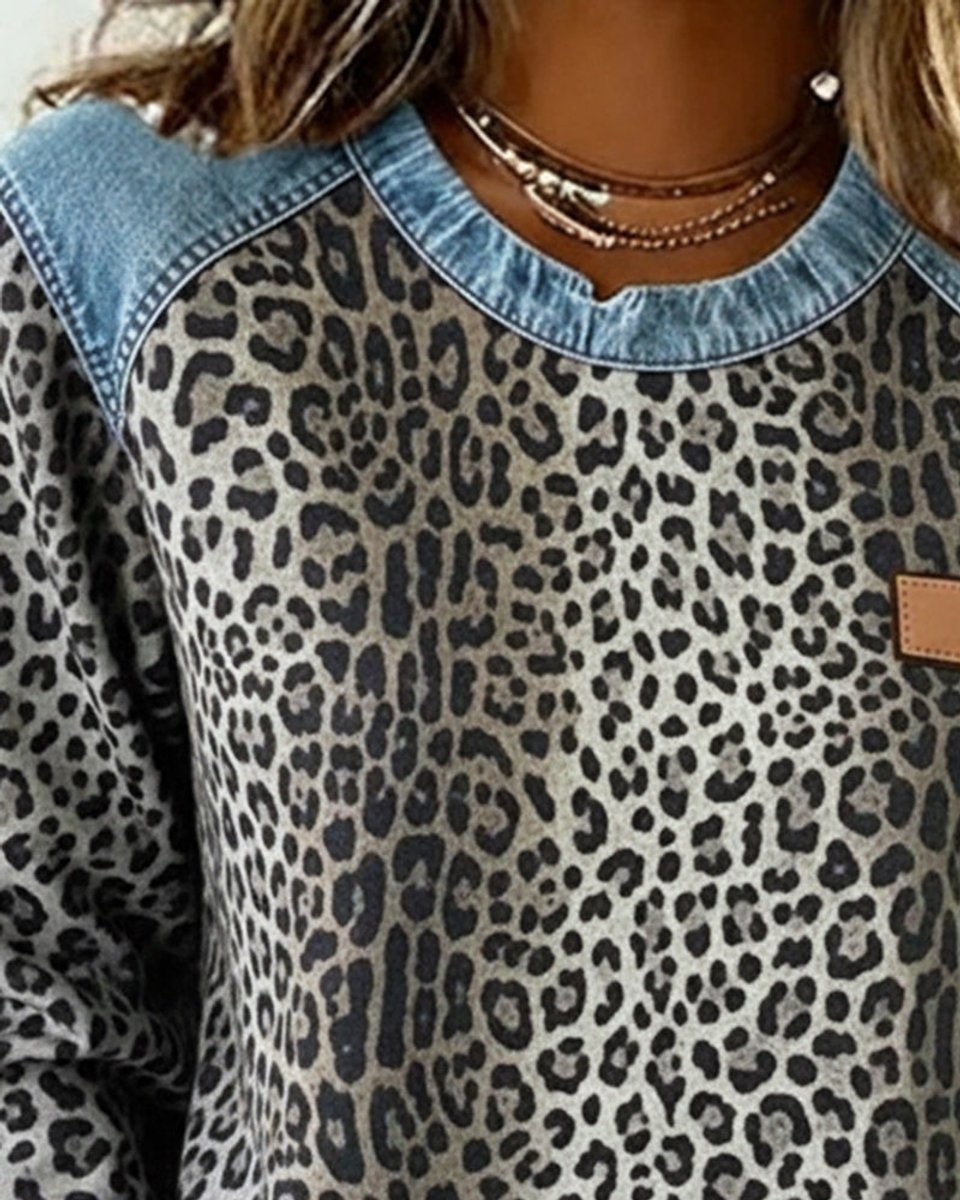 Everleigh | Women's Denim Patchwork Leopard Print Pullover Sweater