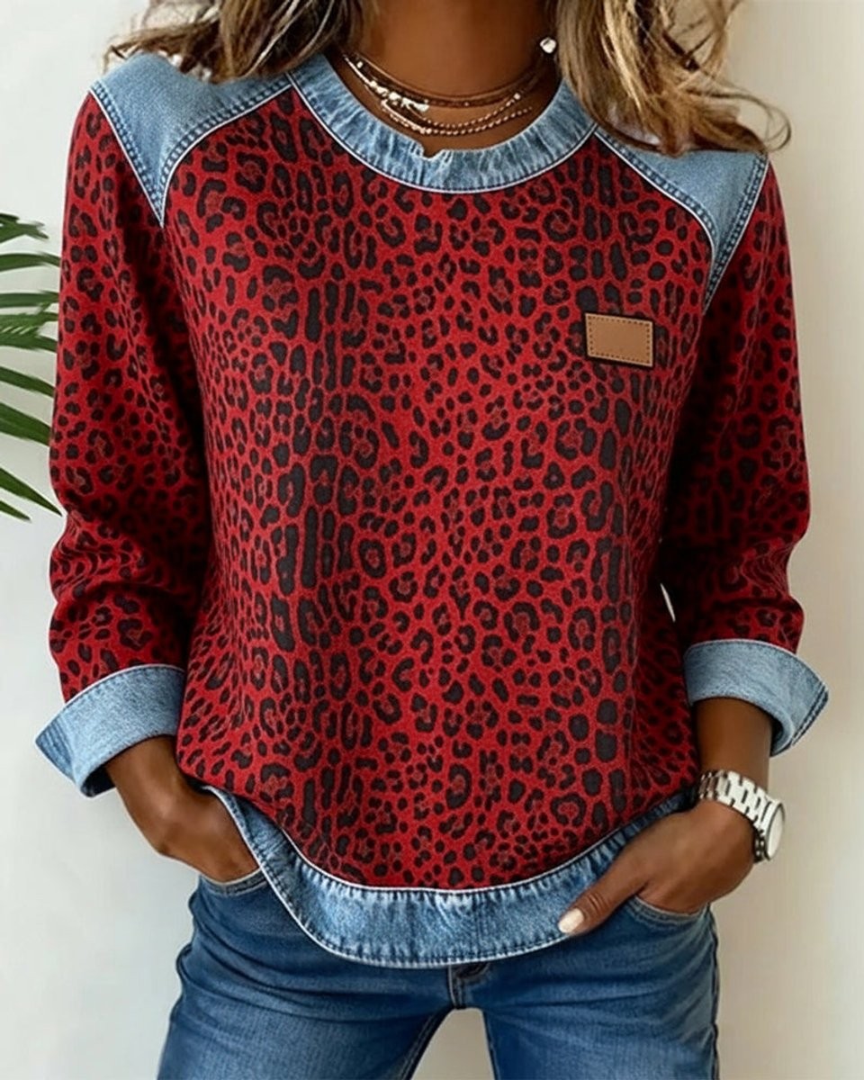 Everleigh | Women's Denim Patchwork Leopard Print Pullover Sweater