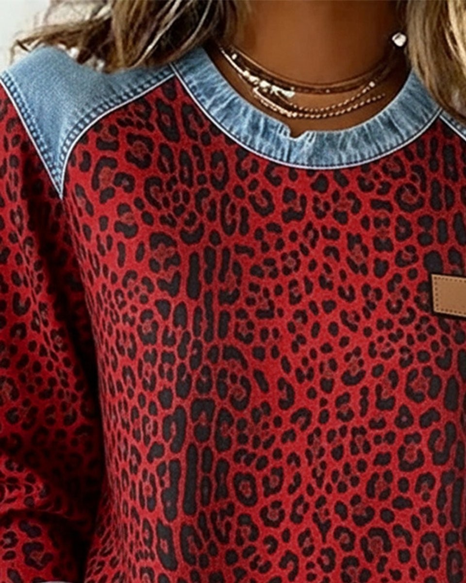 Everleigh | Women's Denim Patchwork Leopard Print Pullover Sweater