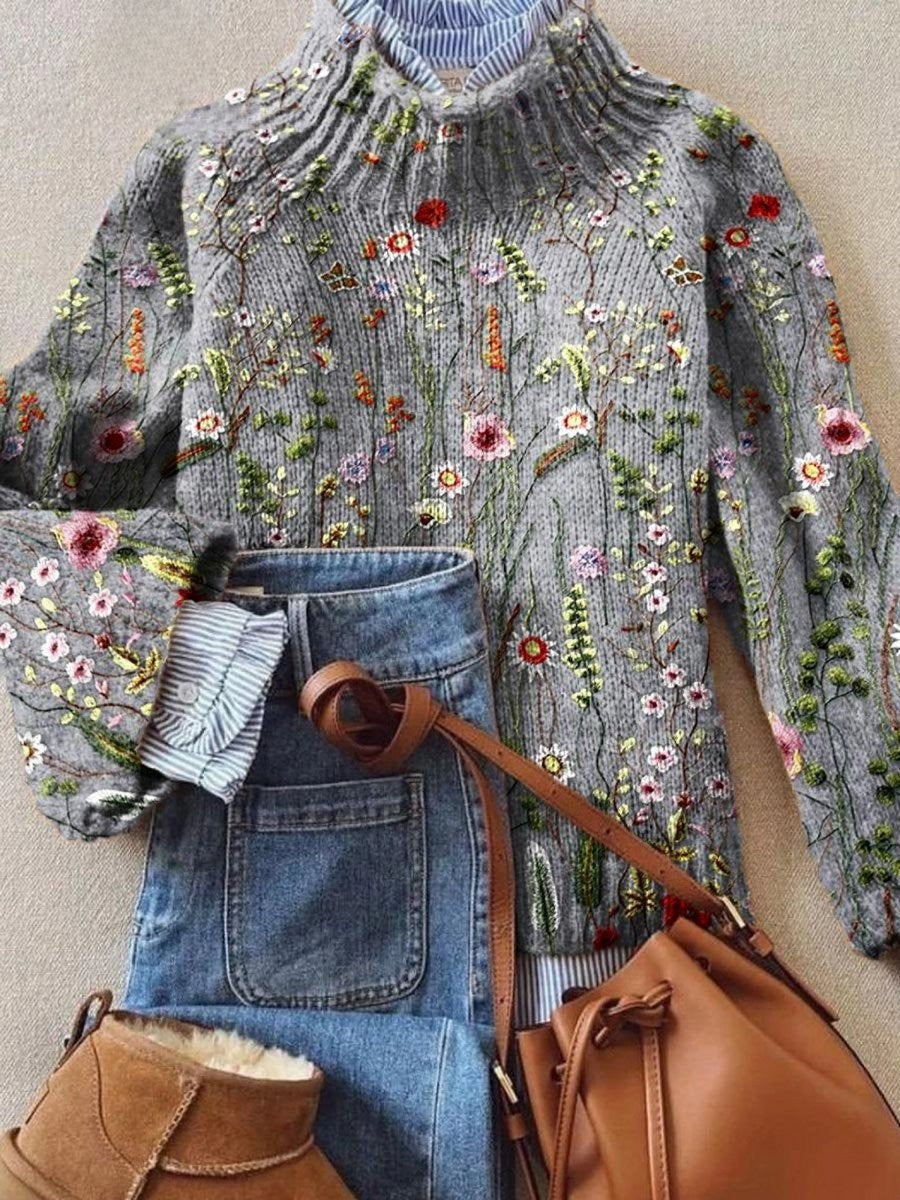 Marigold | Women's Floral Embroidered Relaxed-Fit Ribbed Turtleneck Sweater