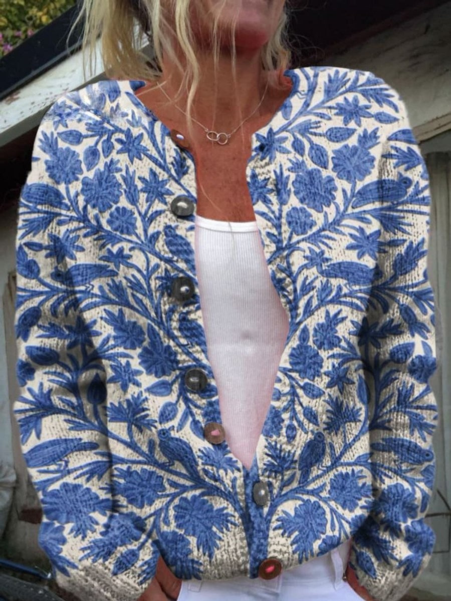 Marigold | Women's Floral Print Button-Front Relaxed-Fit Cardigan