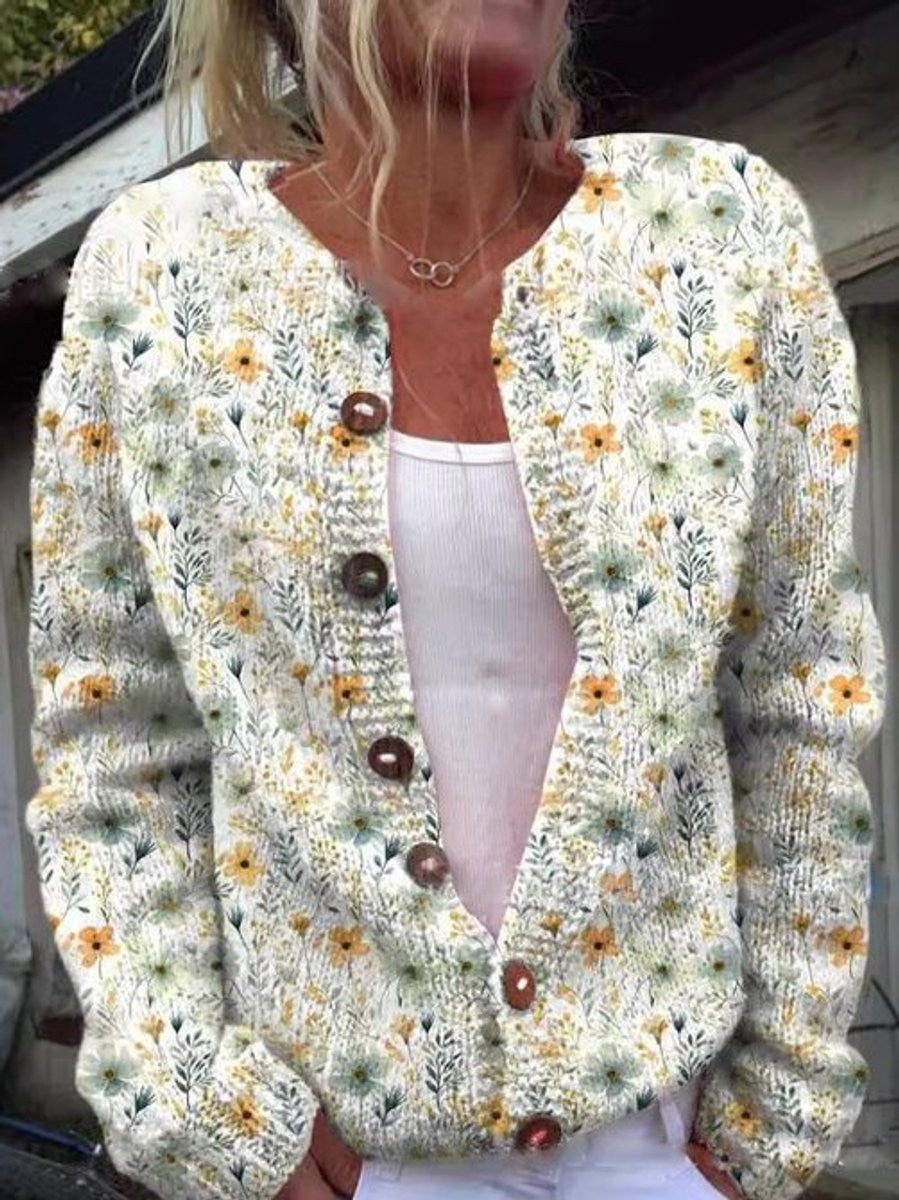 Marigold | Women's Floral Print Button-Front Relaxed-Fit Cardigan
