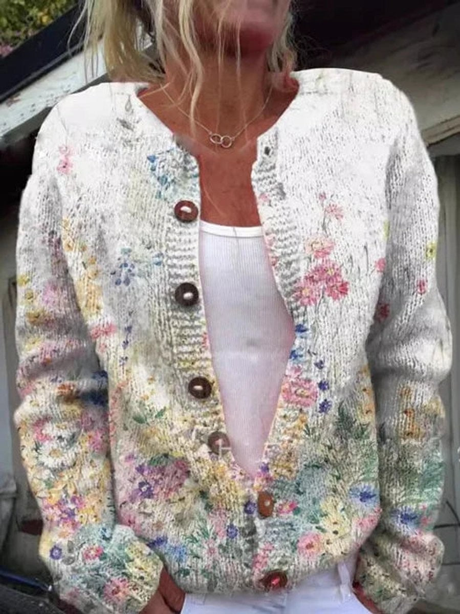 Marigold | Women's Floral Print Button-Front Relaxed-Fit Cardigan